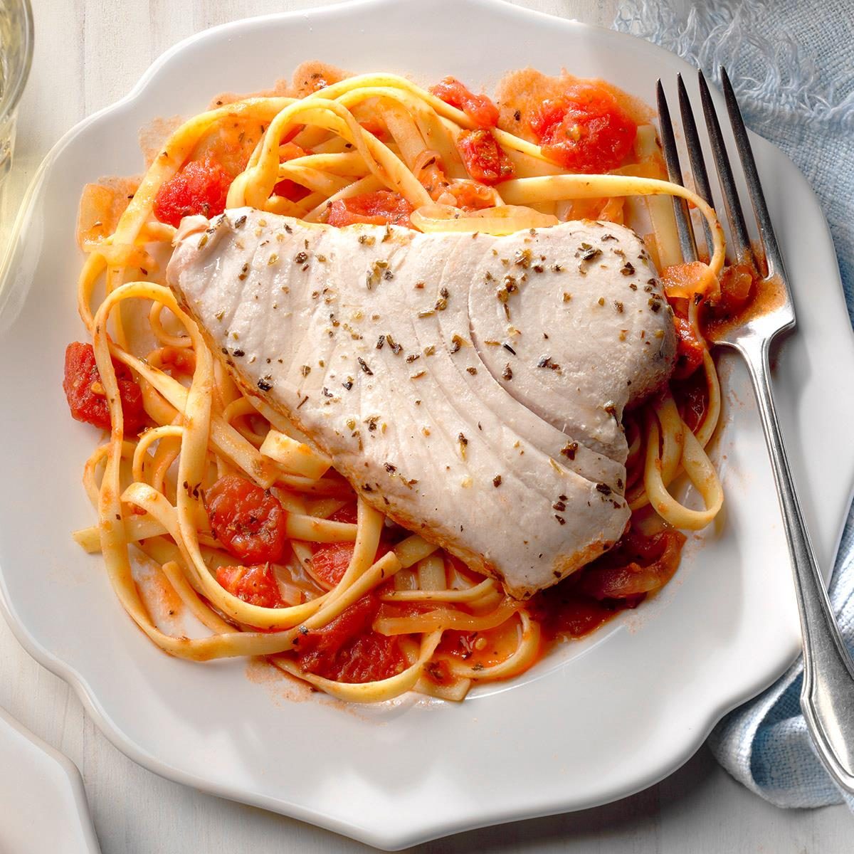 Tuna steak on fettuccine