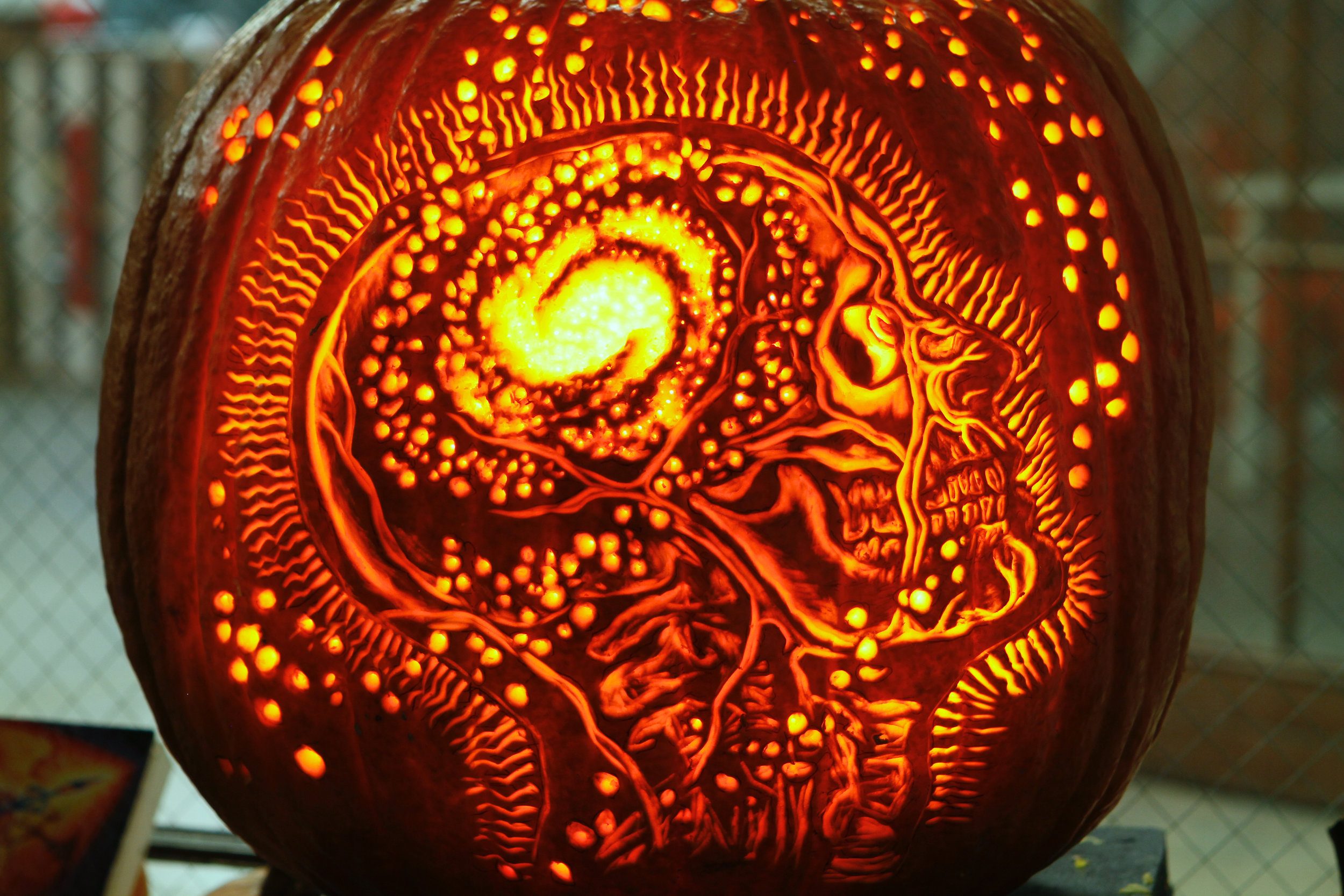 Intricately carved pumpkin of a human profile with the skull inside visible
