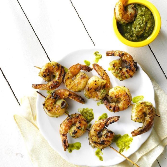 Grilled Pistachio-Lemon Pesto Shrimp