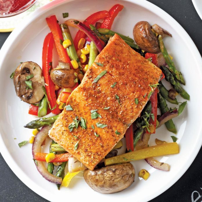 Lemon-Lime Salmon with Veggie Saute Recipe | Taste of Home