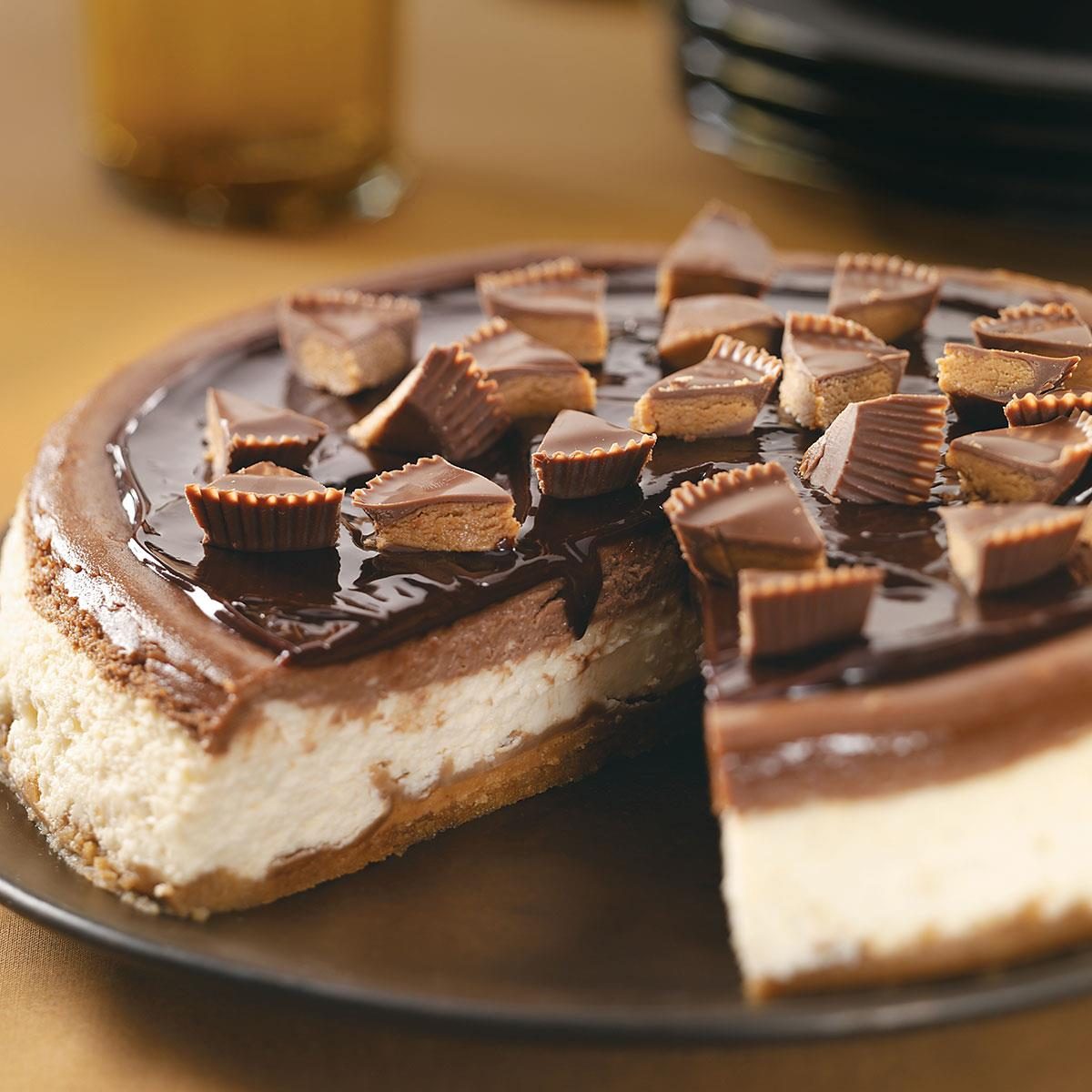 Makeover Peanut Butter Cup Cheesecake on a platter.