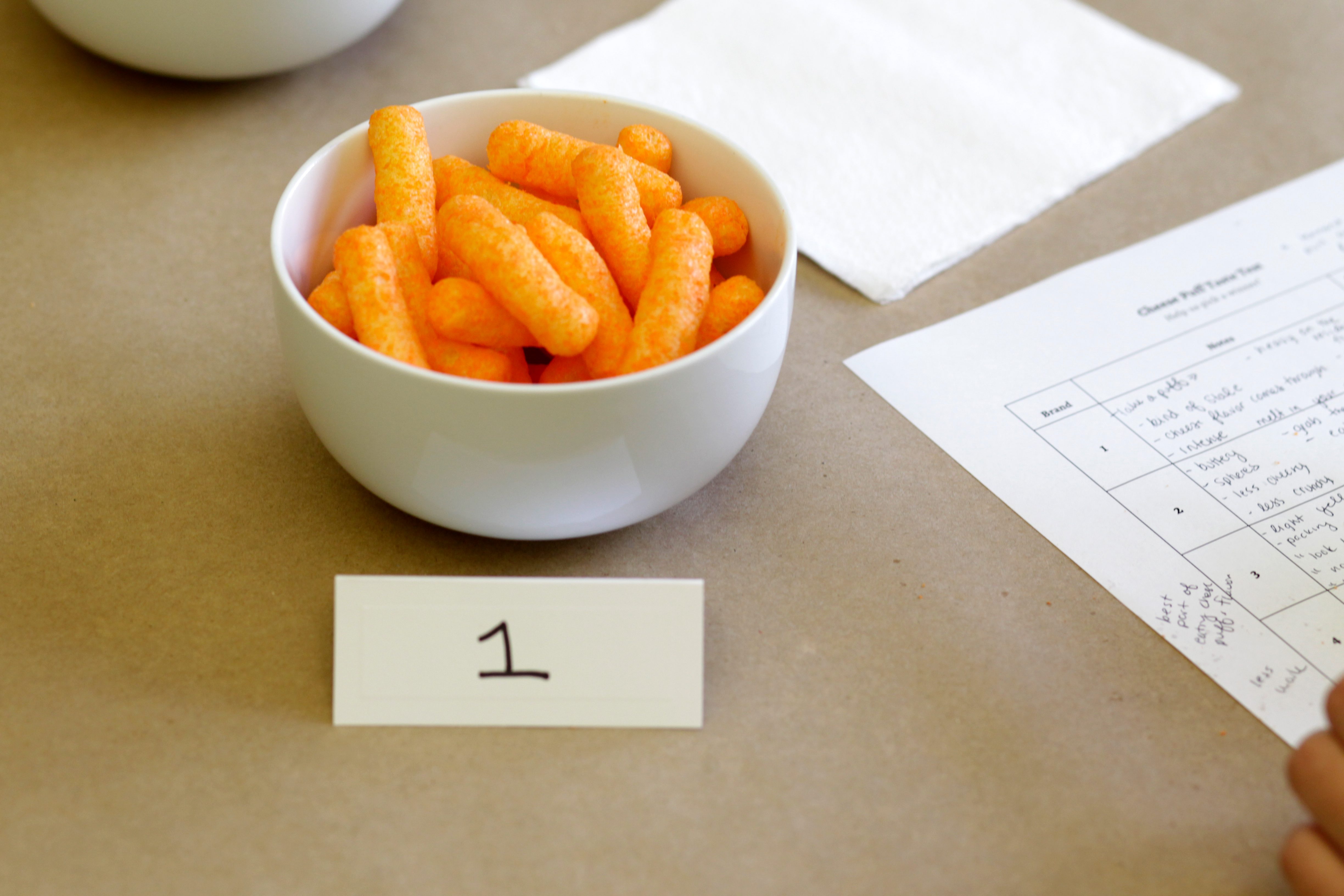 Bowl with the number 1 filled with cheese puffs beside papers