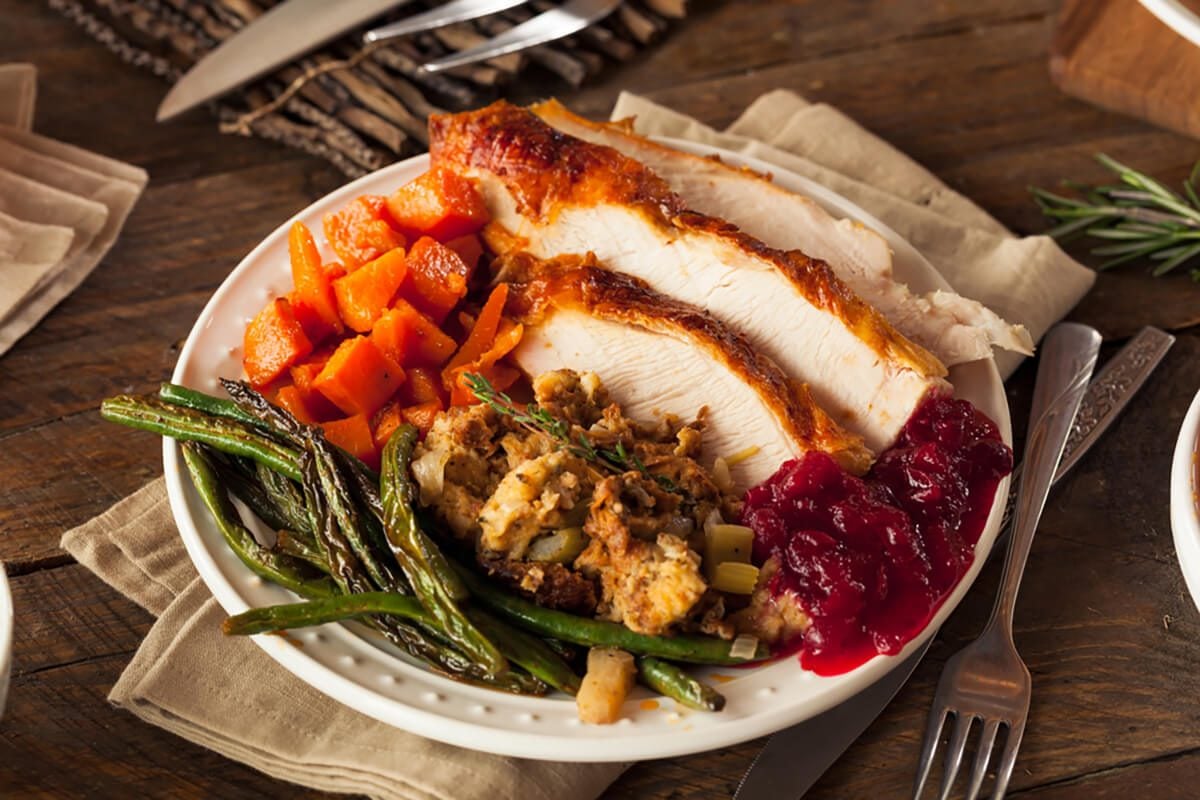 Full Homemade Thanksgiving Dinner with Turkey Stuffing Veggies and Potatoes