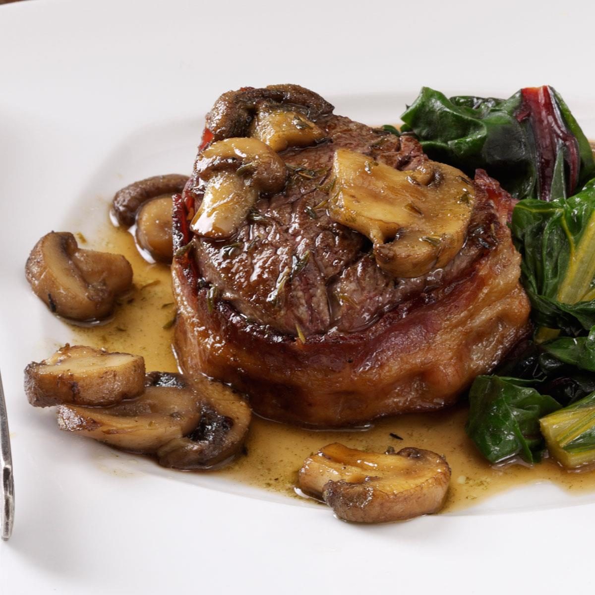 Bacon-Wrapped Filets with Scotched Mushrooms Recipe | Taste of Home