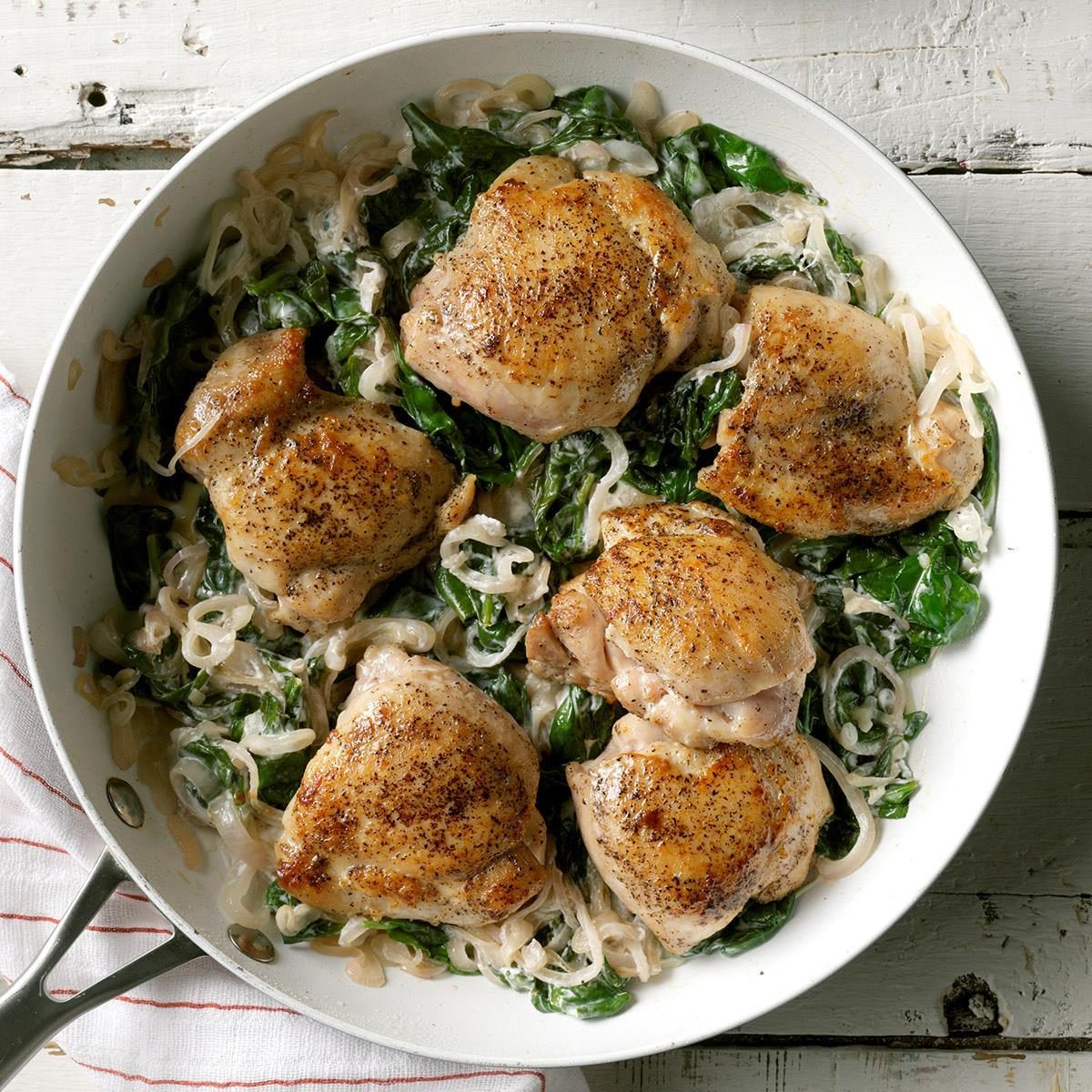 Chicken Thighs with Shallots & Spinach Recipe | Taste of Home