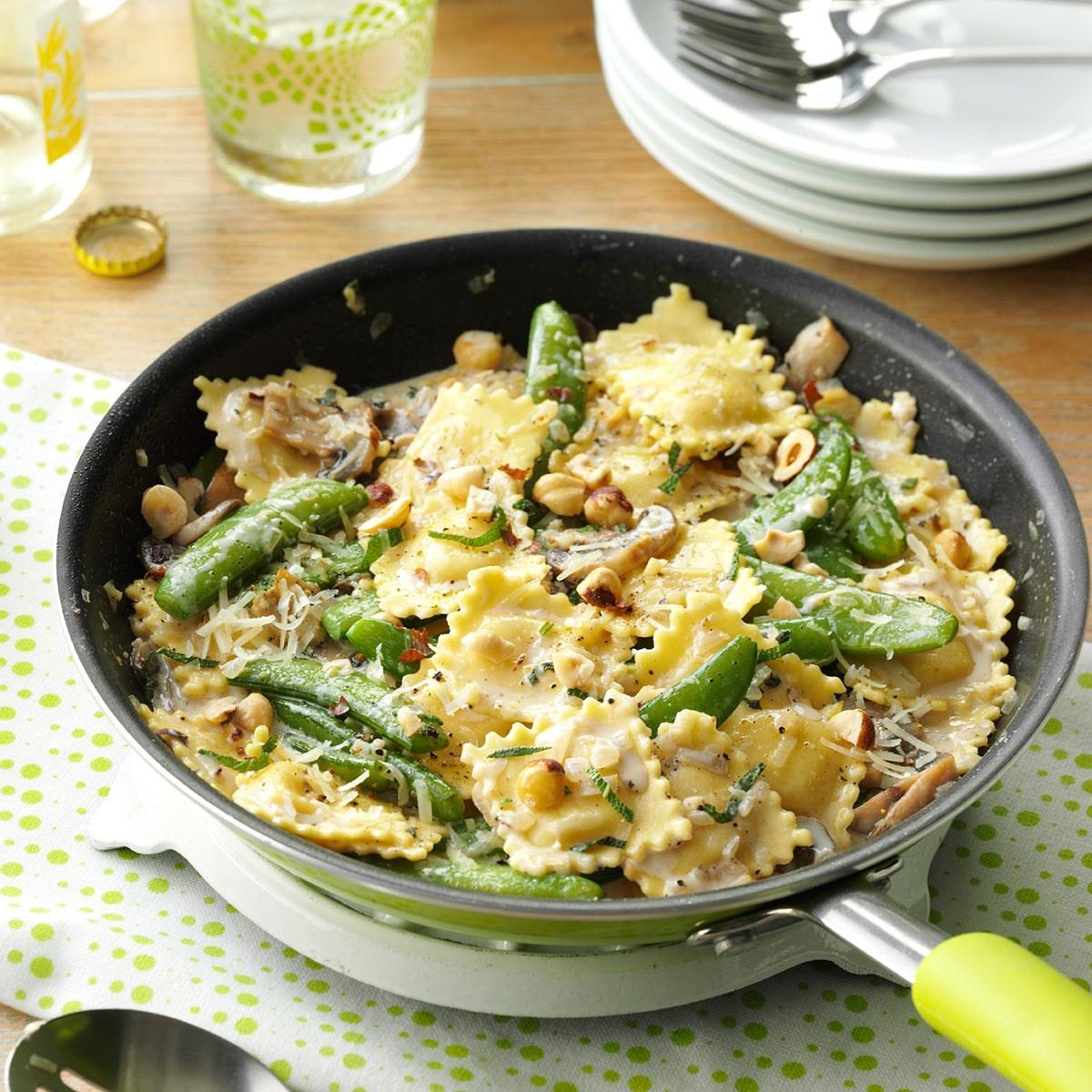 Monday: Ravioli with Snap Peas & Mushrooms