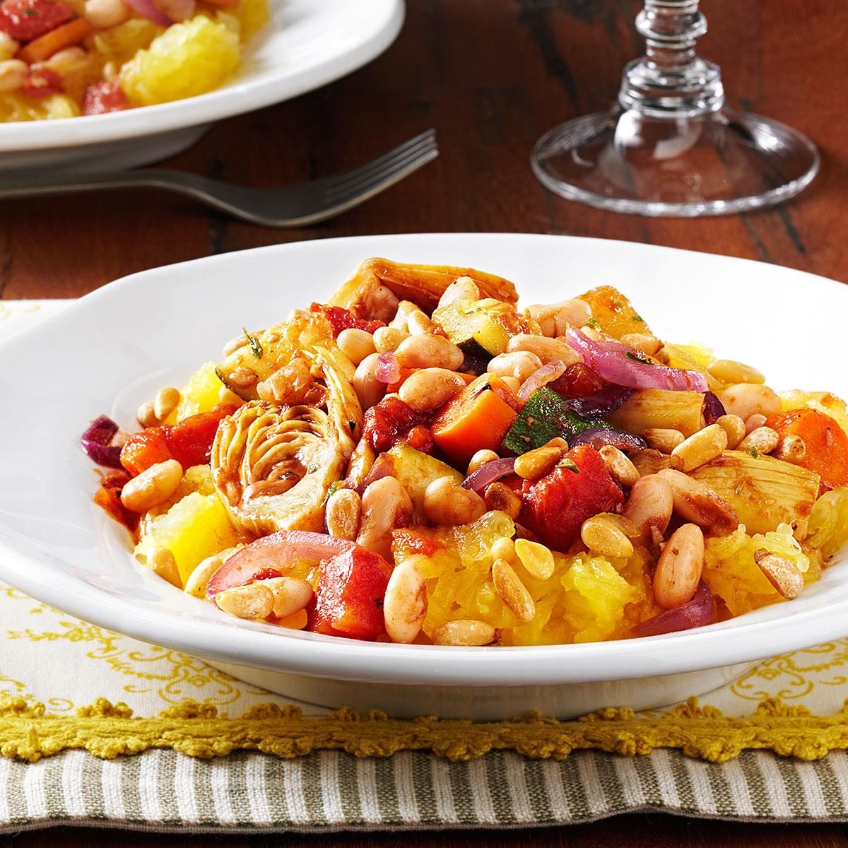 Spaghetti Squash with Balsamic Vegetables and Toasted Pine Nuts