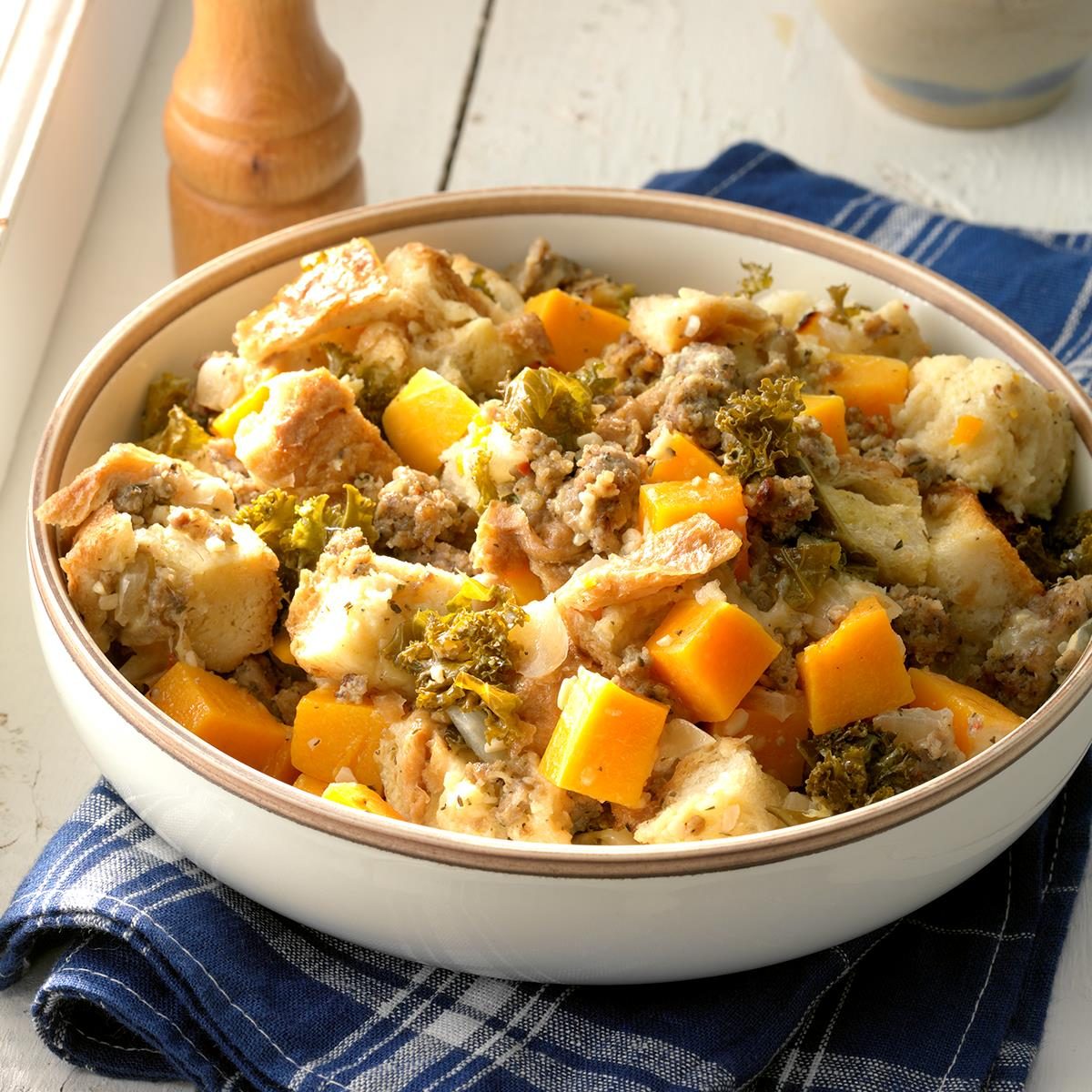 Sausage, Kale and Squash Bread Pudding