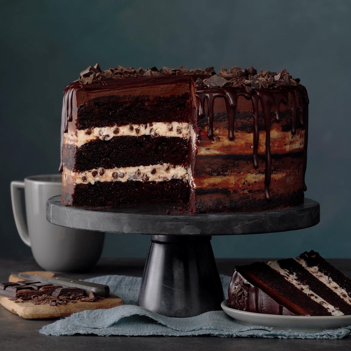 Chocolate Fudge Cake with Vanilla Buttercream Frosting and Chocolate Ganache  Glaze Recipe | Food Network