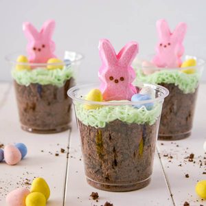 Dirt cup treats topped with pink bunny peeps
