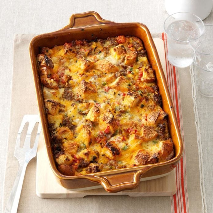 Tomato, Sausage & Cheddar Bread Pudding Recipe | Taste of Home