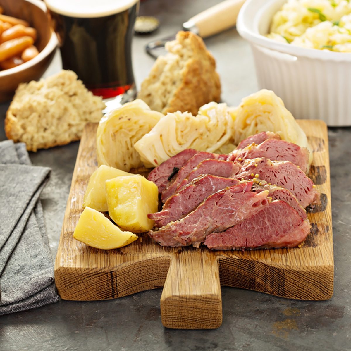 Corned beef and cabbage on a cutting board, Irish traditional dinner