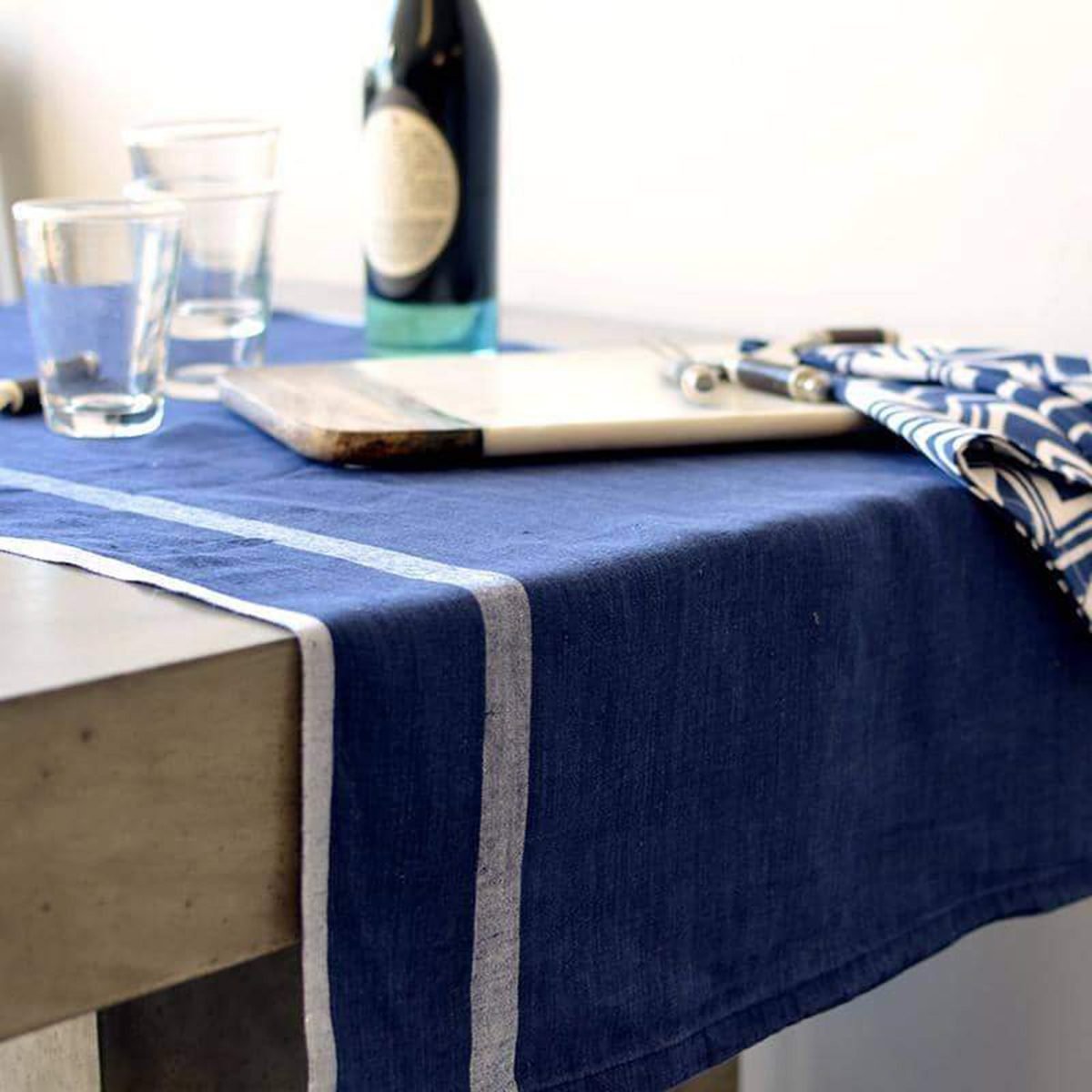 Laundered Linen Runner Indigo & White