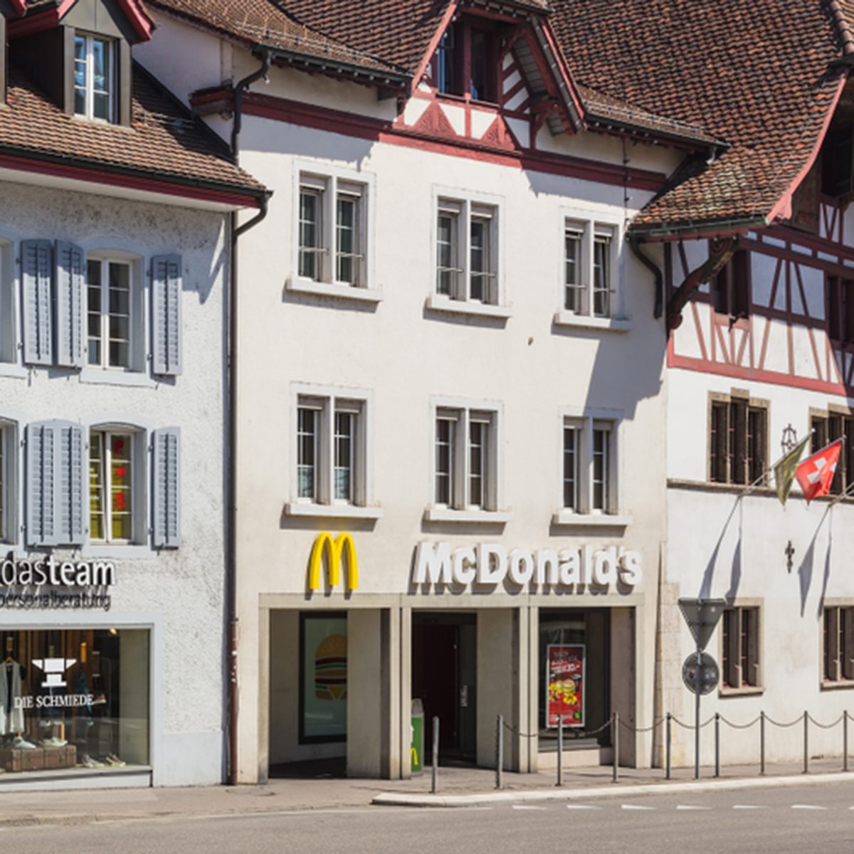 Aarau, Switzerland - 7 July, 2016: building along a street in the historic part of the town. The town of Aarau is the capital of the Swiss canton of Aargau.
