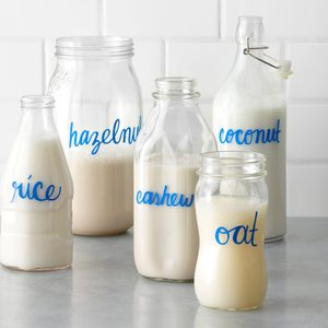 Bottles of non dairy milk alternatives