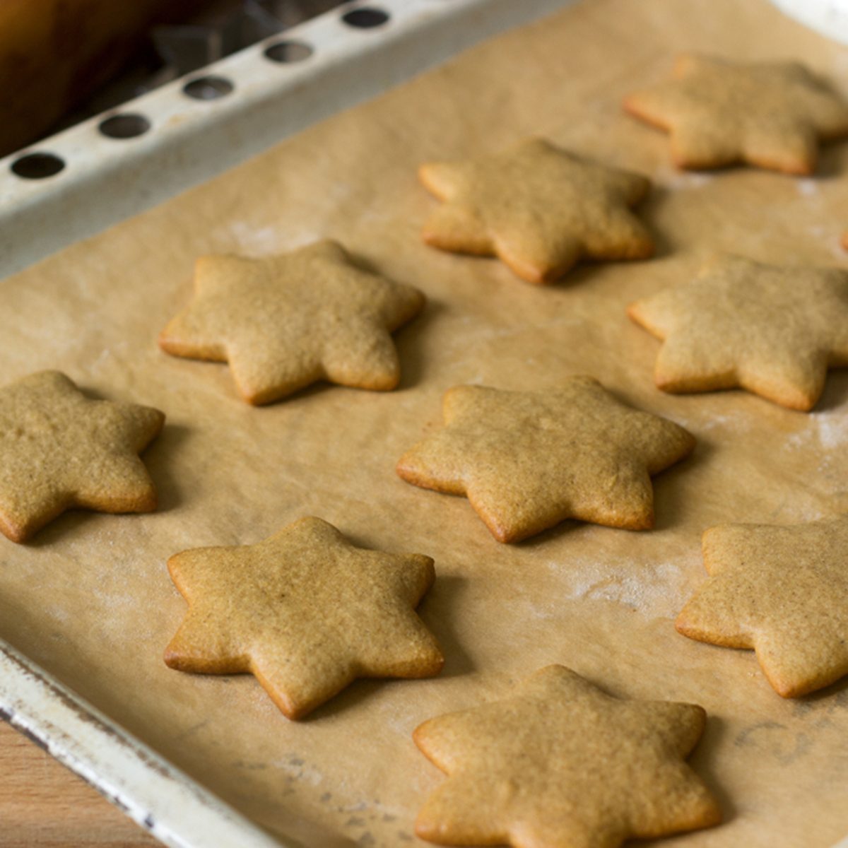 Baked gingerbread on baking sheet without decoration. Selective focus.; Shutterstock ID 777279445; Job (TFH, TOH, RD, BNB, CWM, CM): Taste Recipes