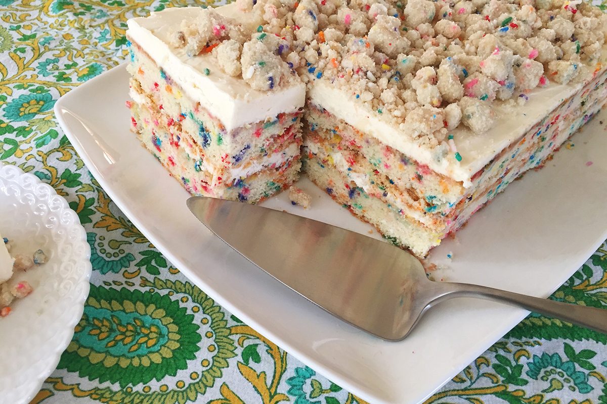 Made the sheet cake version of Milk Bar's Birthday Cake. I bought the 9x13 oxo  pans recommended in the new book and the size/depth helped the cake come  out higher. : r/Baking