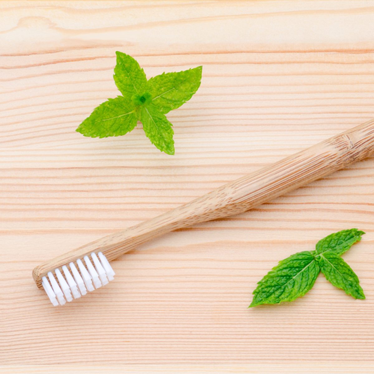 alternative wood toothbrush and xylitol, soda, powder, salt, mint on wooden