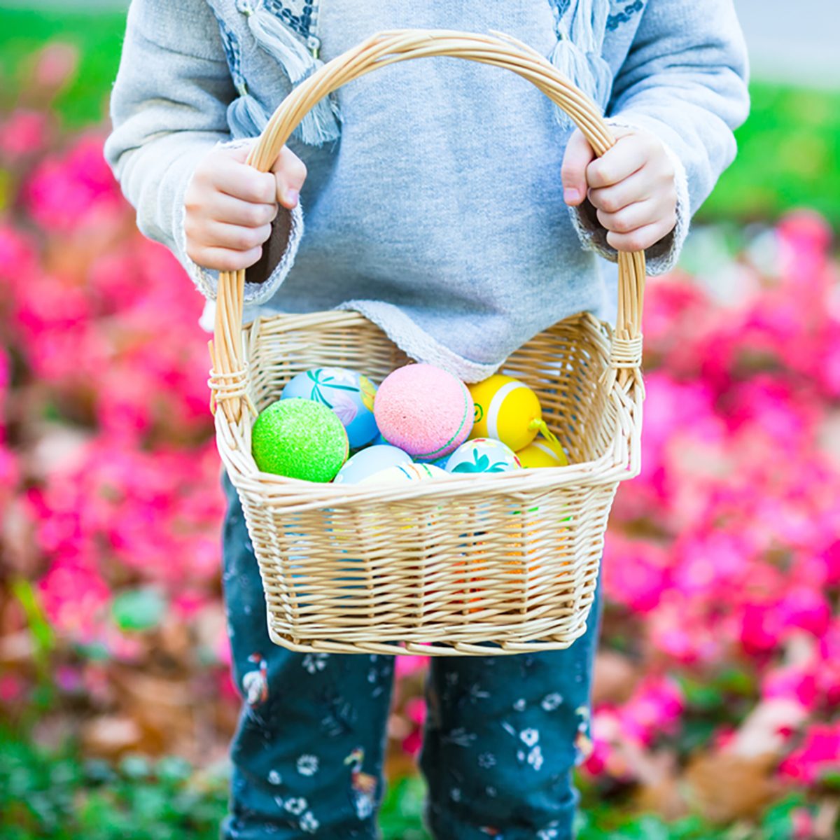 Close up of colorful Easter eggs in a basket