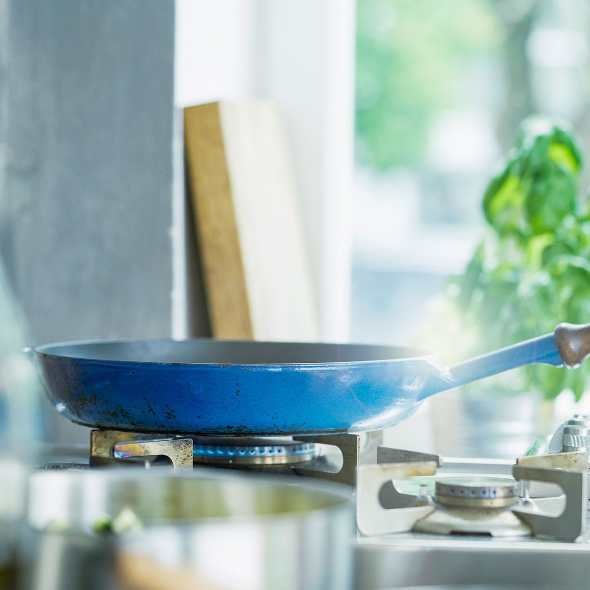 Sun rays shining on a pan in kitchen