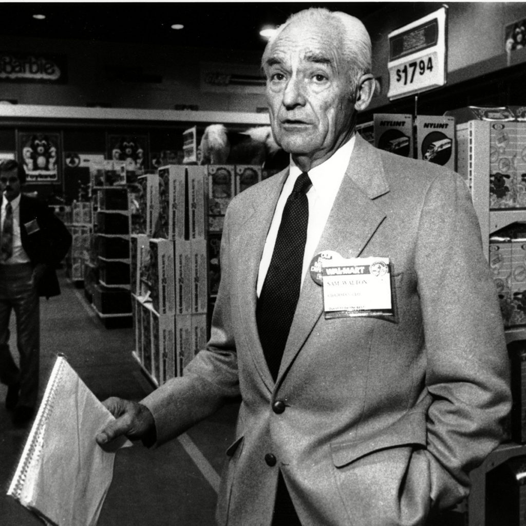 Mandatory Credit: Photo by Danny Johnston/AP/REX/Shutterstock (6574737a) SAM WALTON WAL-MART A 1984 photo of Sam Walton, 67, of Bentonville, Ark., head of the Wal-Mart Store chain touring a toy display at a Wal-Mart manager meeting in Little Rock SAM WALTON WAL-MART, LITTLE ROCK, USA