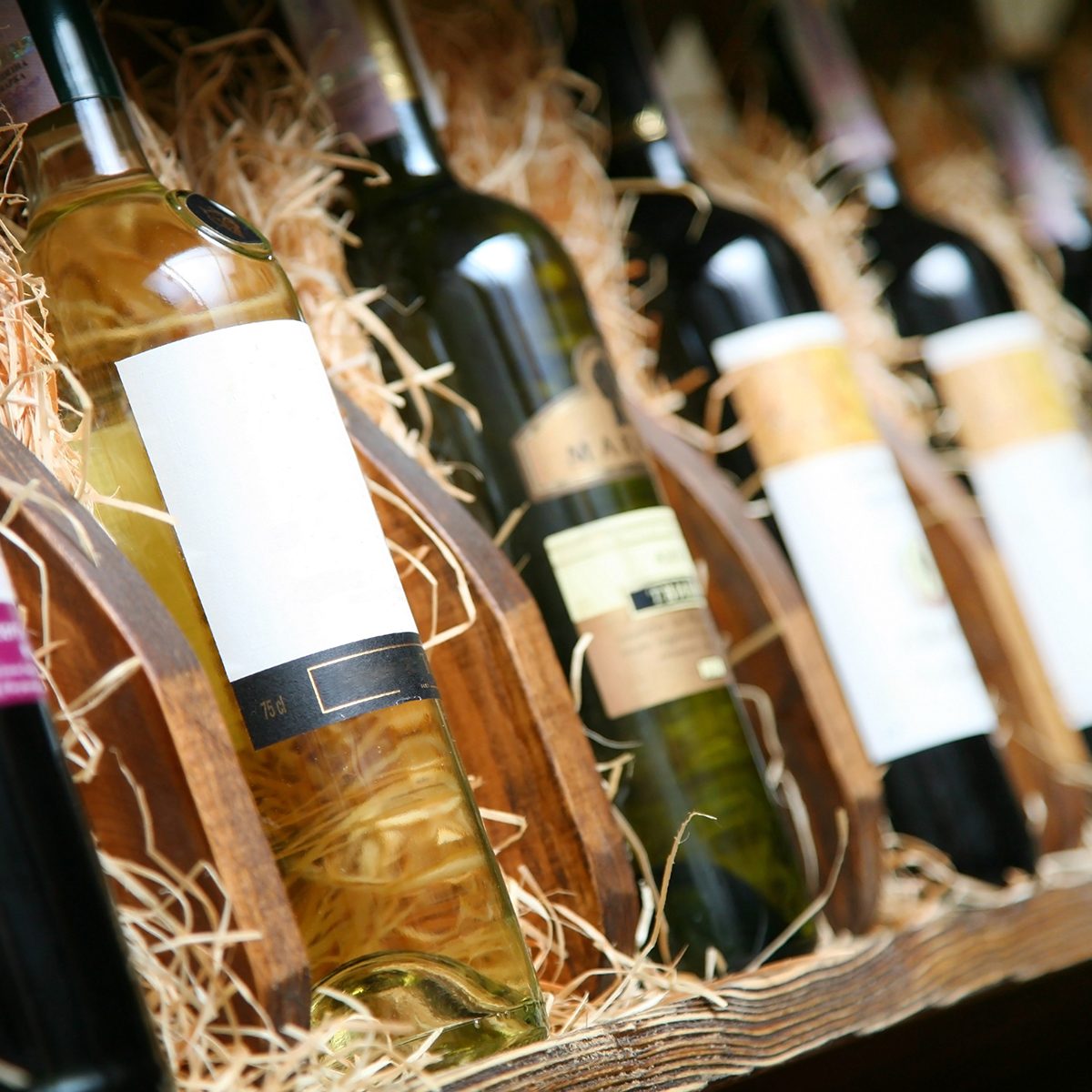 Closeup shot of wine shelf.