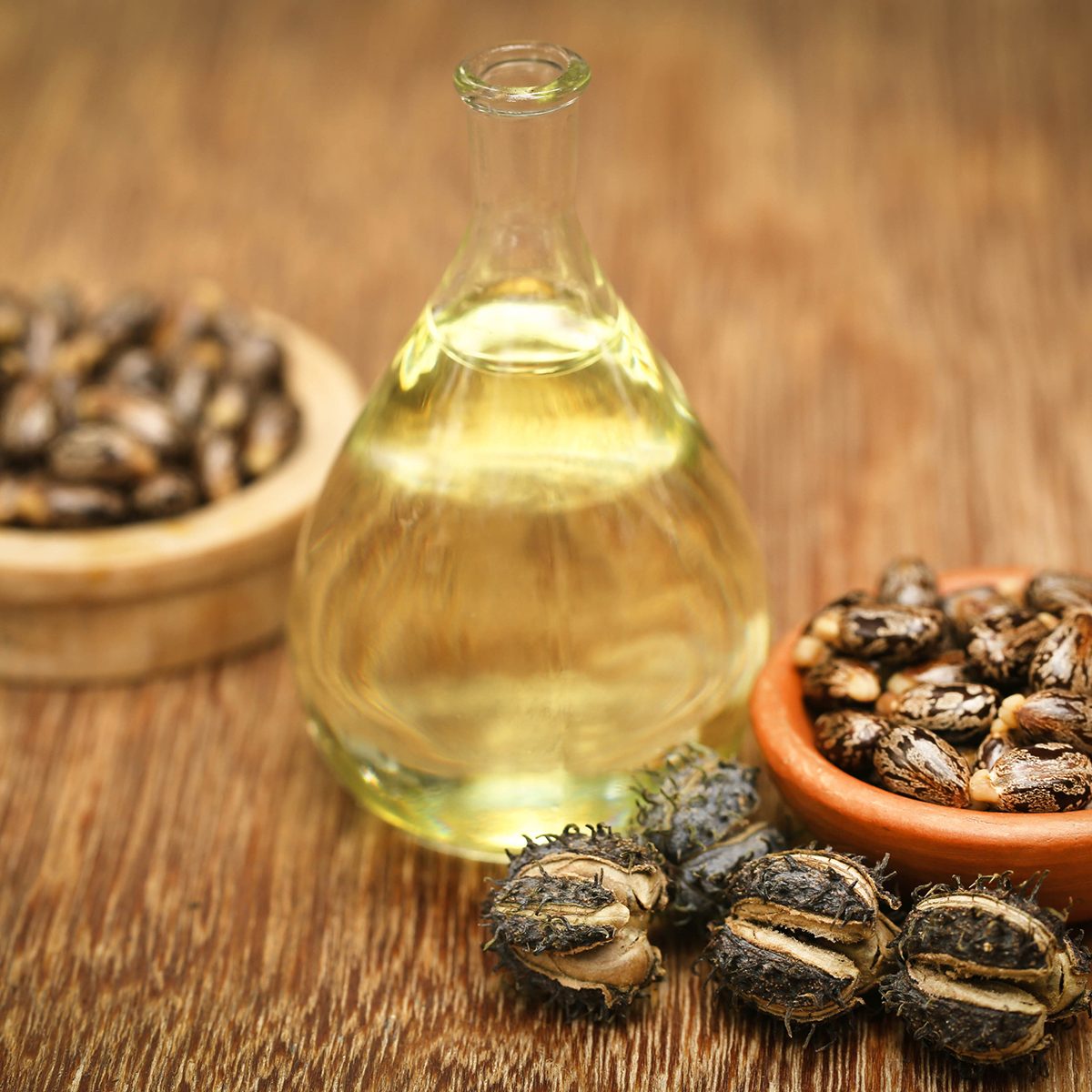 Castor beans and oil in a glass jar