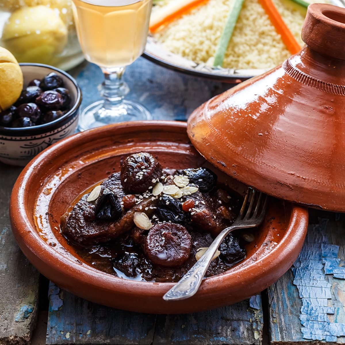 Slow cooked beef with prunes, figs, raisins and almonds - moroccan tajine.