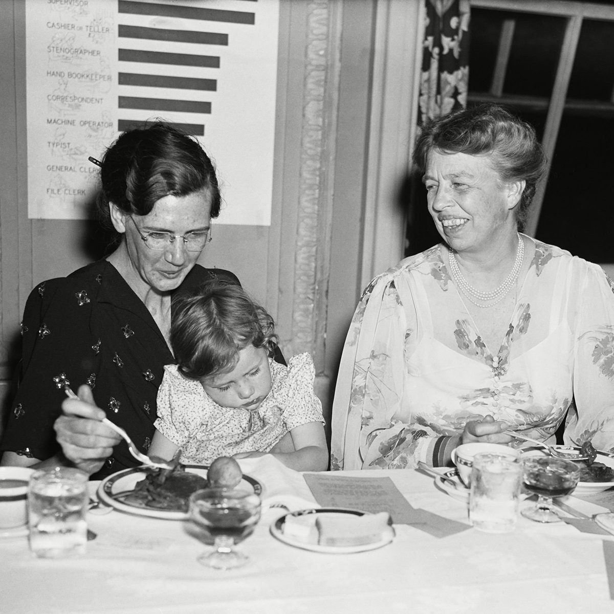 Mandatory Credit: Photo by Everett/Shutterstock (10293567a) First Lady Eleanor Roosevelt at the Daughters of the American Depression Conference, May 14, 1940. On left, Federal relief clients, Mrs. Hugh Easley and her daughter of St. Louis, eat a Five Cent Relief Meal with the First Lady. The conference name is a play on Daughters of the American Revolution Historical Collection
