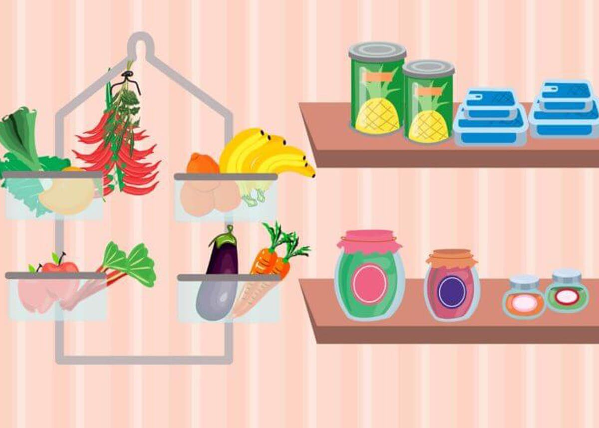 Use a shower organizer to store produce pantry organization