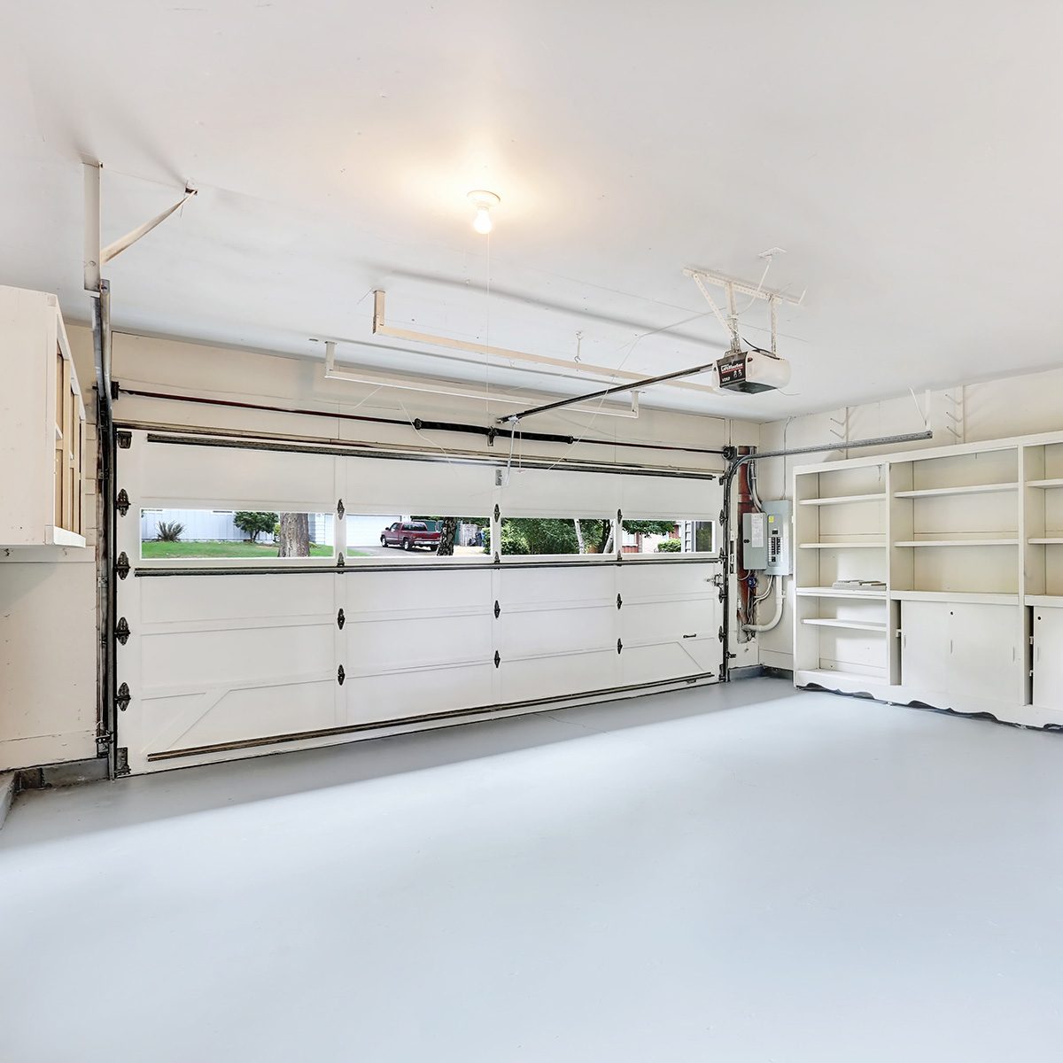 Empty garage interior in American house. Northwest, USA