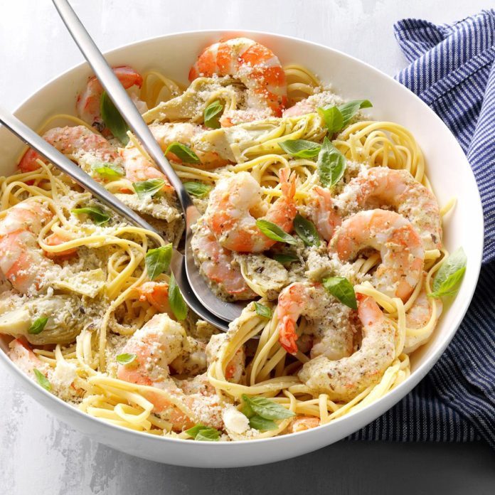 Pesto Shrimp and Artichoke Linguine