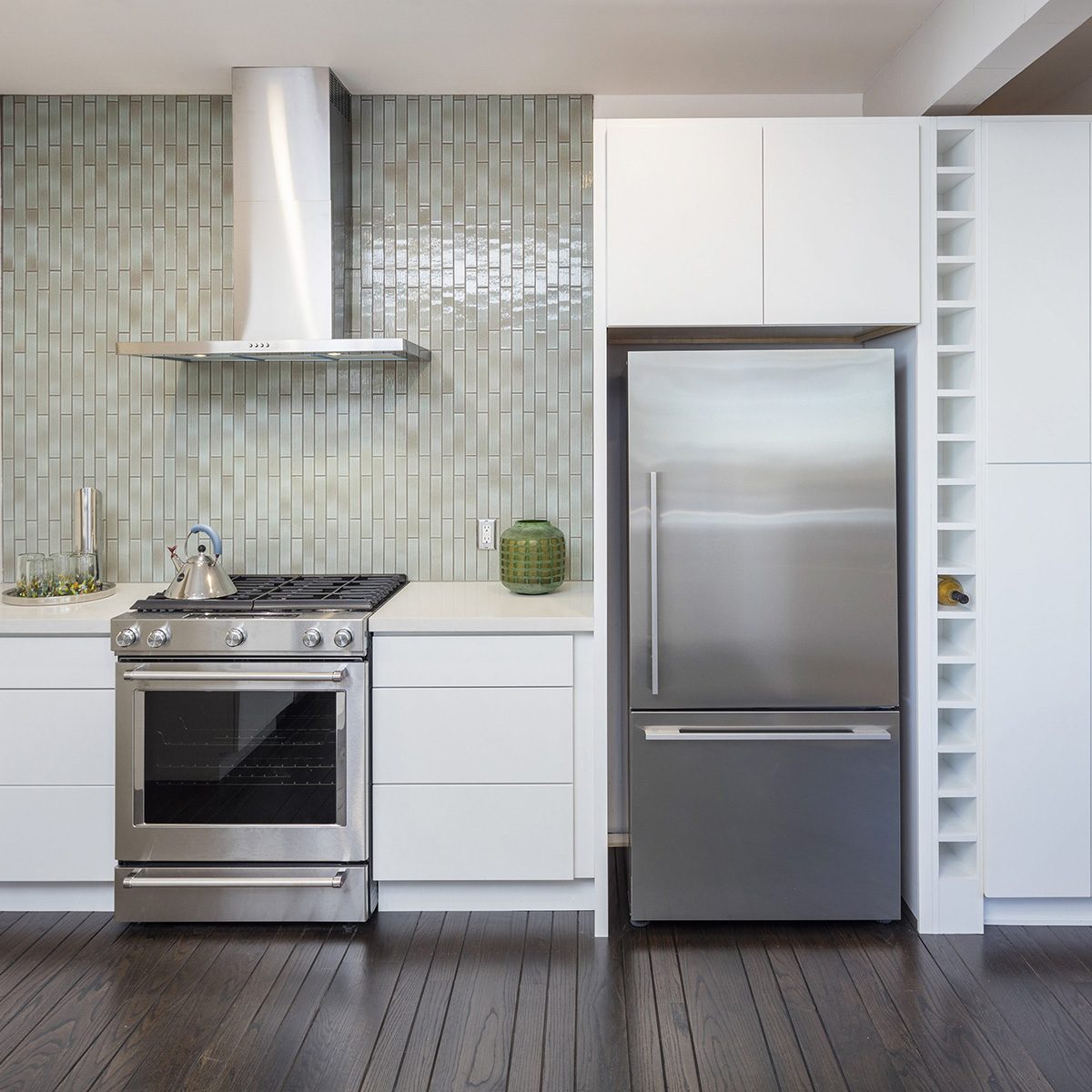 Modern kitchen interior. Design concept with new stainless steel appliances.