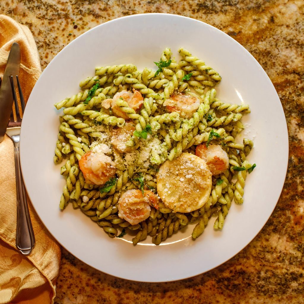 Breaded shrimp with gemelli twin tube pasta in homemade pesto sauce; Shutterstock ID 1148709638; Job (TFH, TOH, RD, BNB, CWM, CM): Taste of Home