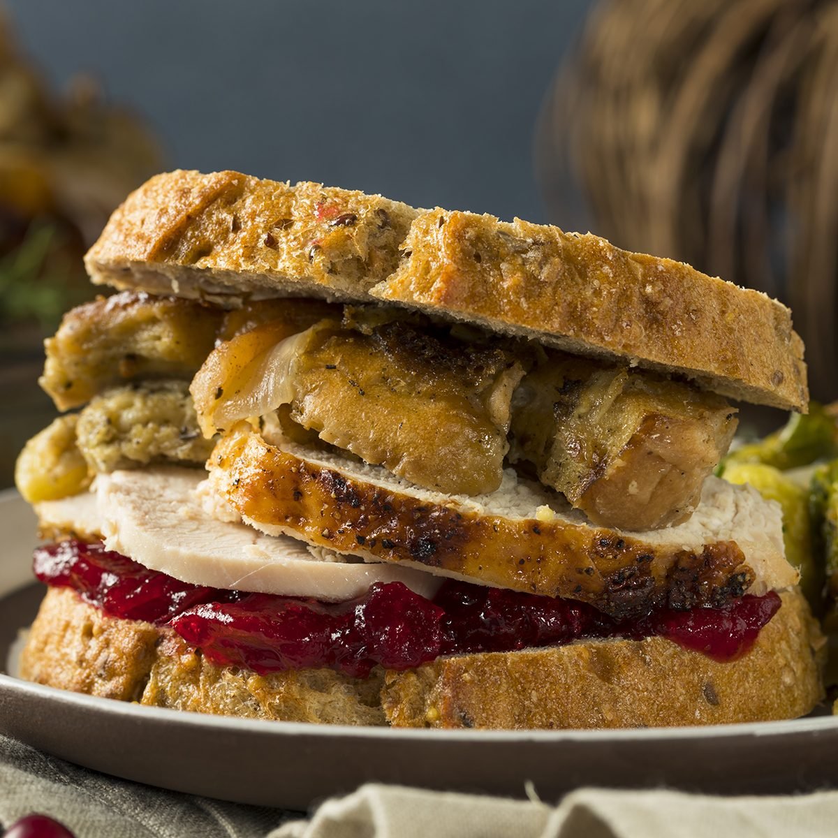 Homemade Thanksgiving Leftover Turkey Sandwich with Stuffing and Cranberry