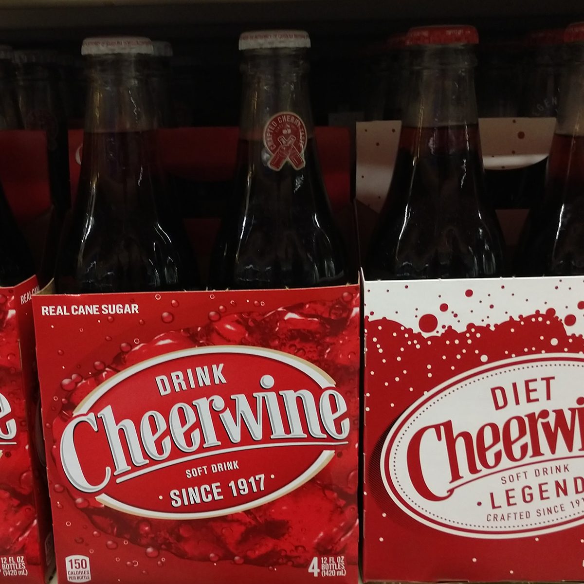 Glass bottles of North Carolina Cheerwine. A cherry-flavored soft drink by Carolina Beverage Corporation.