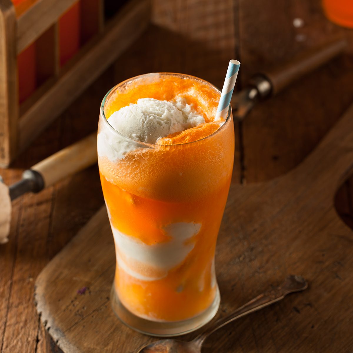 Orange Soda Creamsicle Ice Cream Float with a Straw