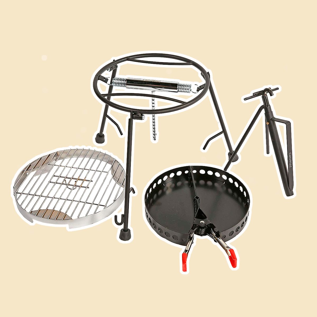 CampMaid 4 Piece Combo Lid holder, Charcoal Holder, Flip Grill and Kick Stand, Perfect for Outdoor Adventures Family Friends