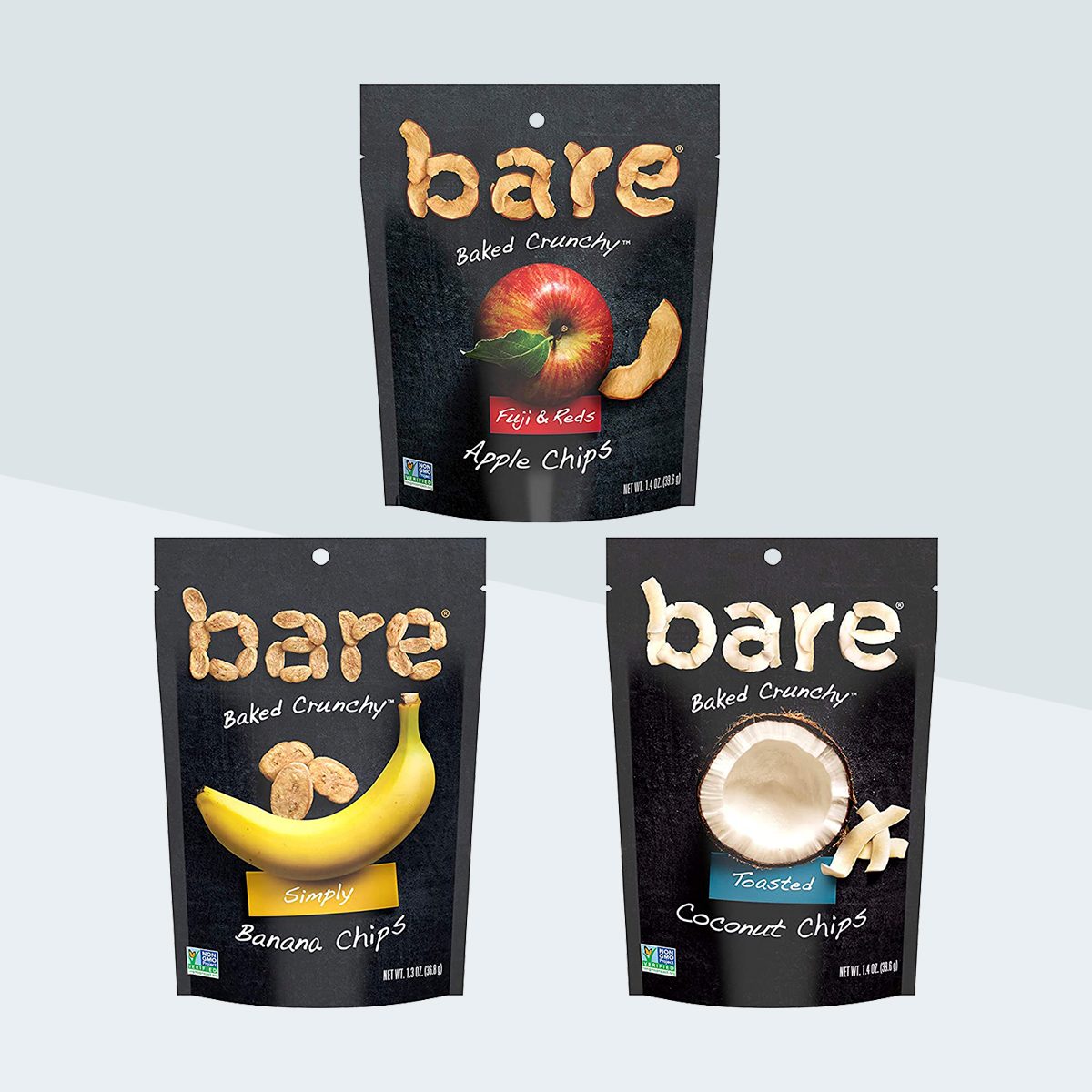 Bare Baked Crunchy Apple Chips, Banana Chips, and Coconut Chips, Variety Pack, Gluten Free, 6 Count