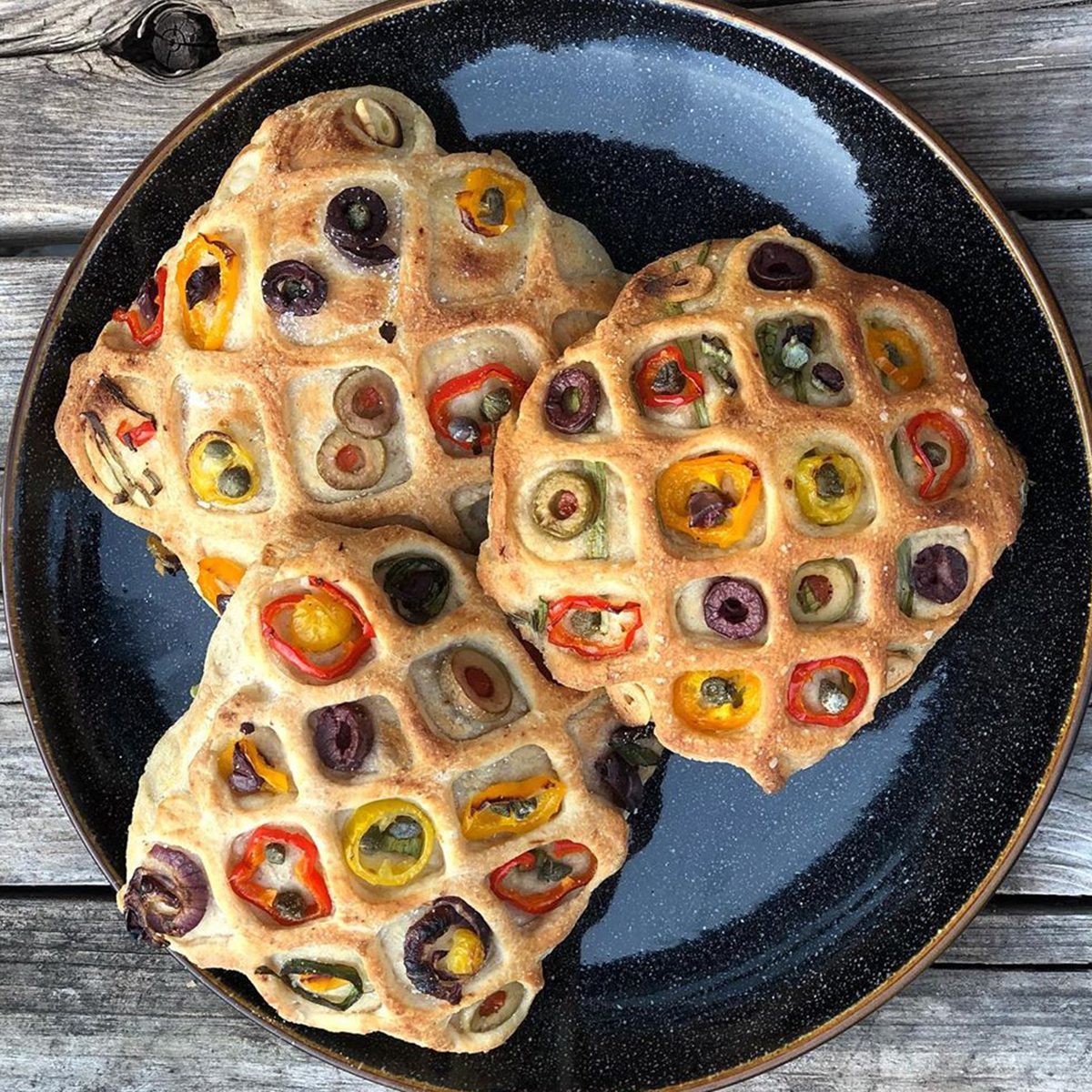 quilted focaccia buns with peppers and olives