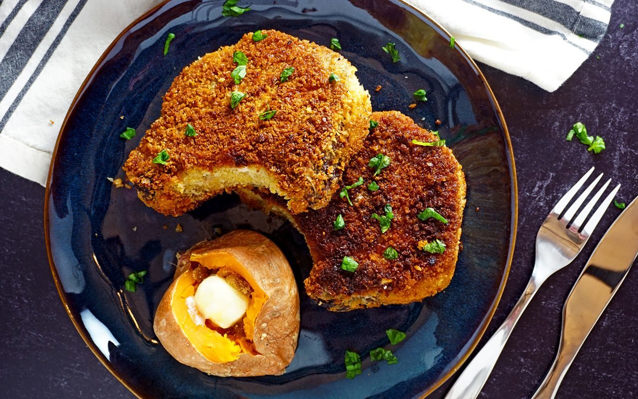 perfectly fried pork chops overhead