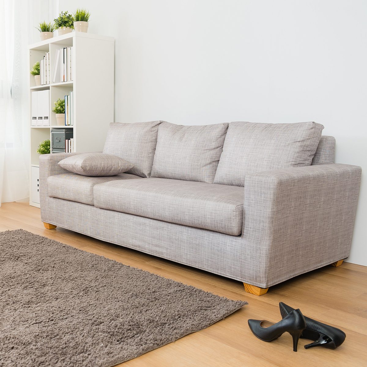 Living room with hard wood floors and a brown area rug