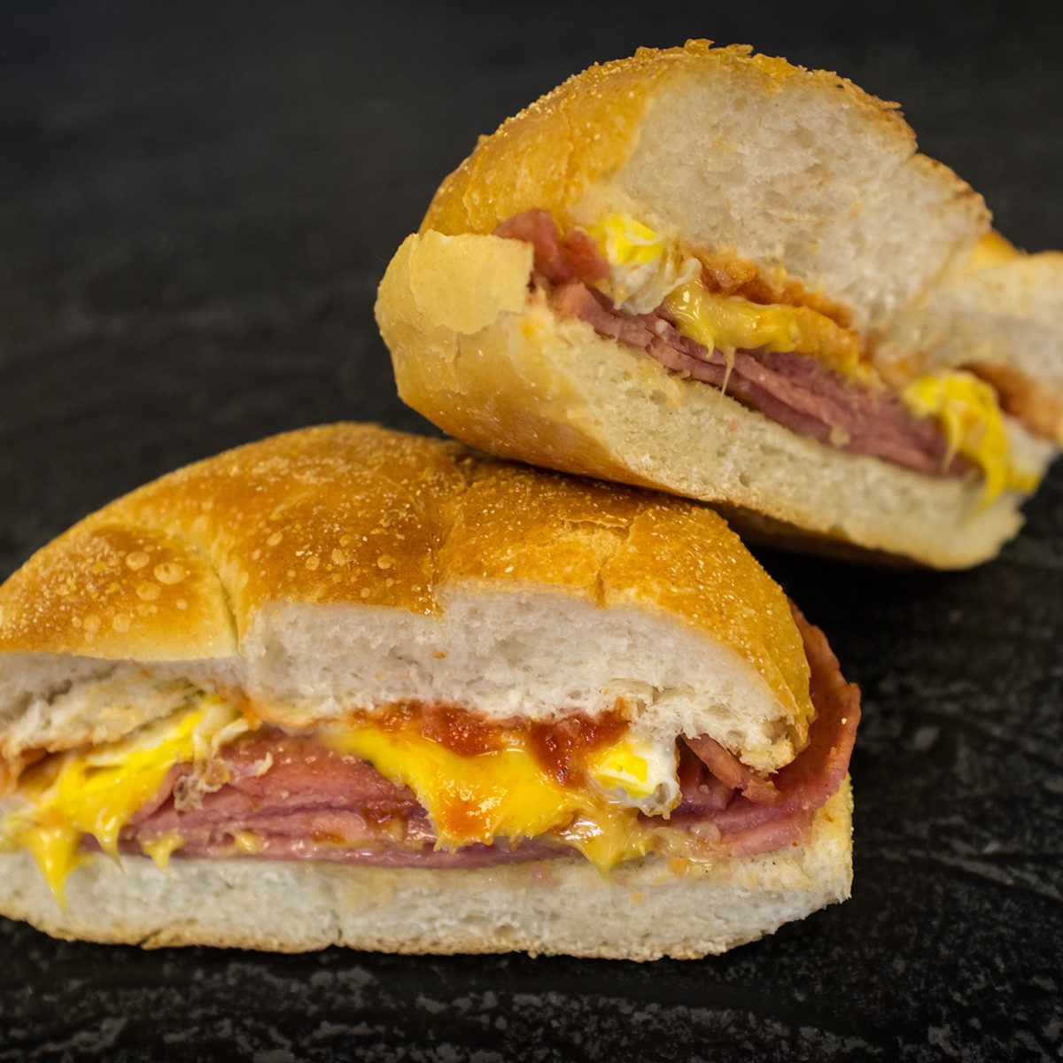 Taylor ham egg and cheese breakfast sandwich on a kaiser roll from New Jersey