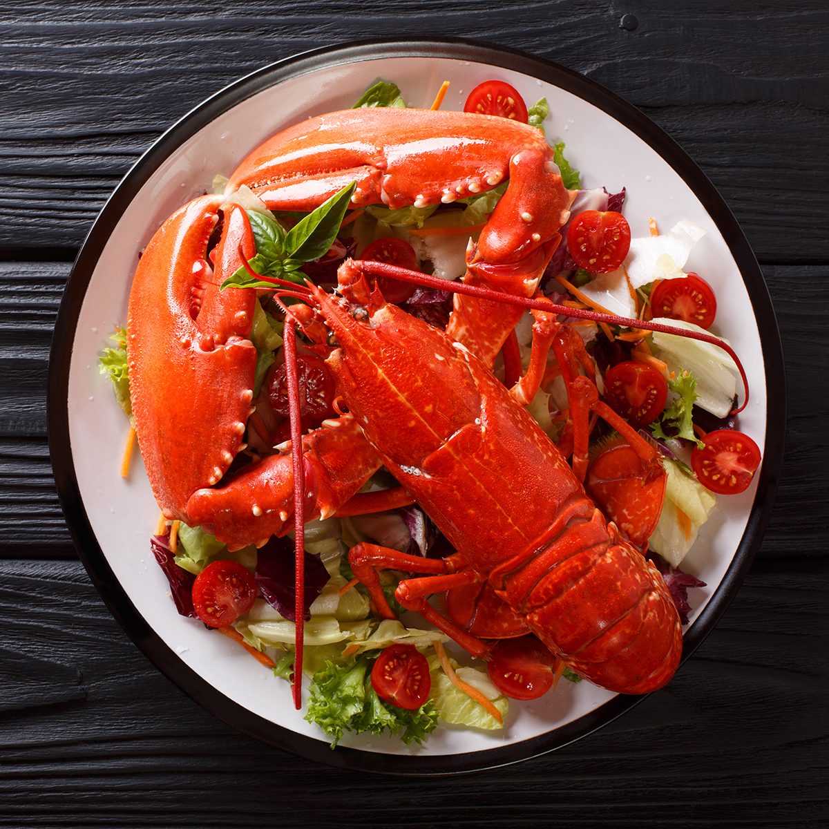 Cooked sea lobster with fresh vegetable salad on a plate close-up on the table. Vertical top view from above