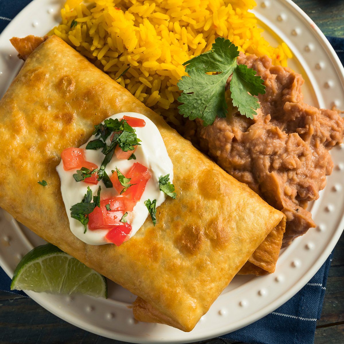 Deep Fried Beef Chimichanga Burrito with Rice and Beans