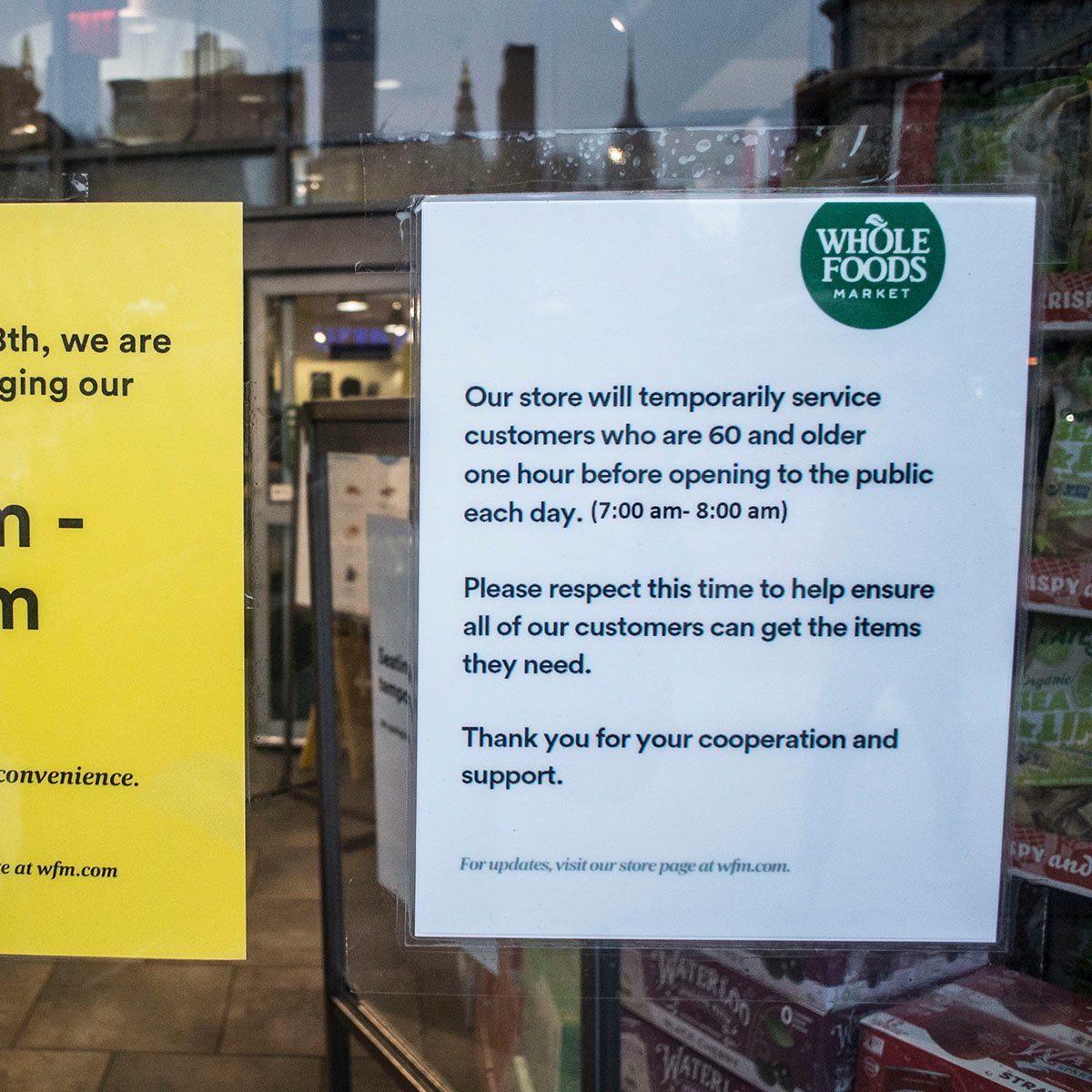 NEW YORK, NY - March 18 MANDATORY CREDIT Bill Tompkins/Getty Images WHole Foods chage of hours of operation due to the coronavirus COVID-19 pandemic on March 18, 2020 in New York City. (Photo by Bill Tompkins/Getty Images)