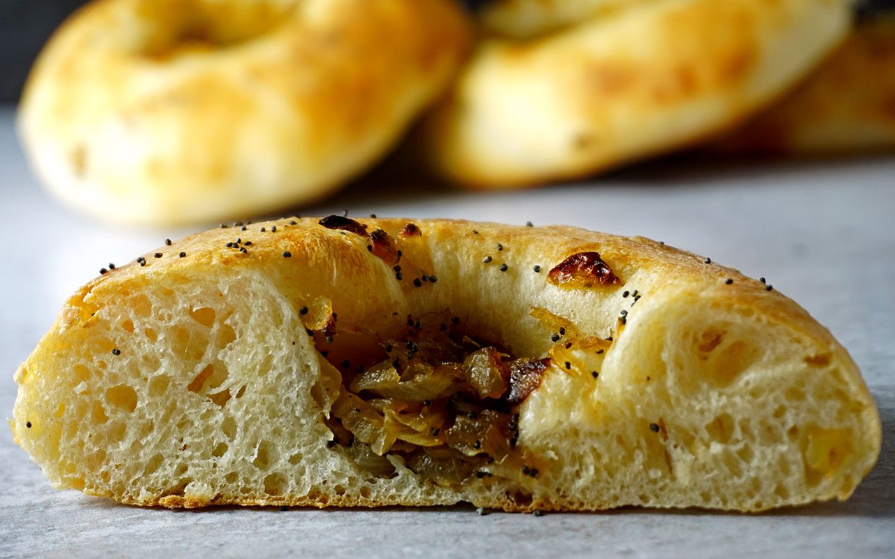 baked bialy cut in half to show texture