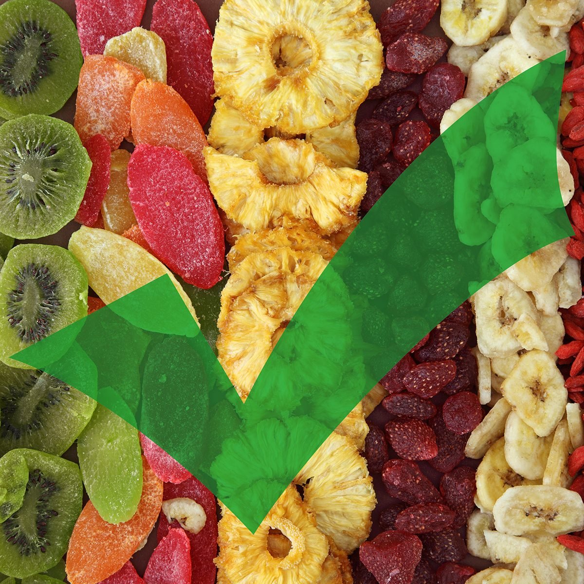 Dried fruit with a green check mark