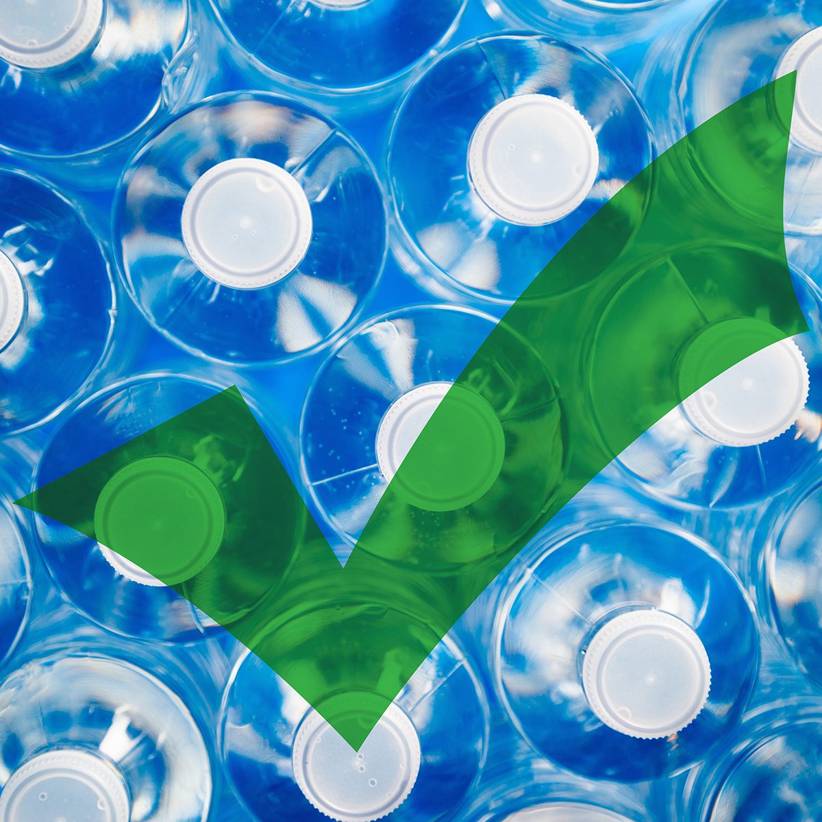 Top view of water bottles with a green check mark