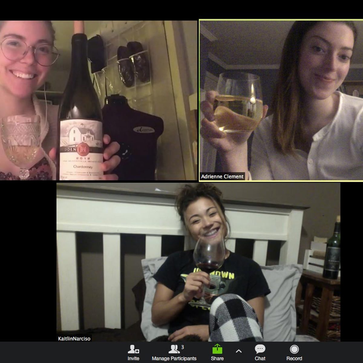 Three girls virtually sharing wine